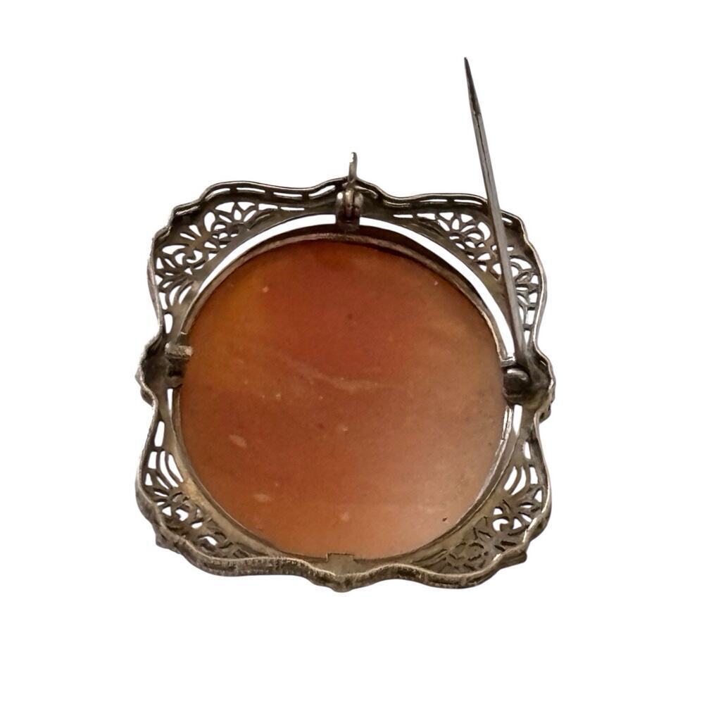 Antique Carved Cameo Shell 14K White Gold Filigree Brooch Pin Pendant 33 X 41mm - Picture 4 of 9